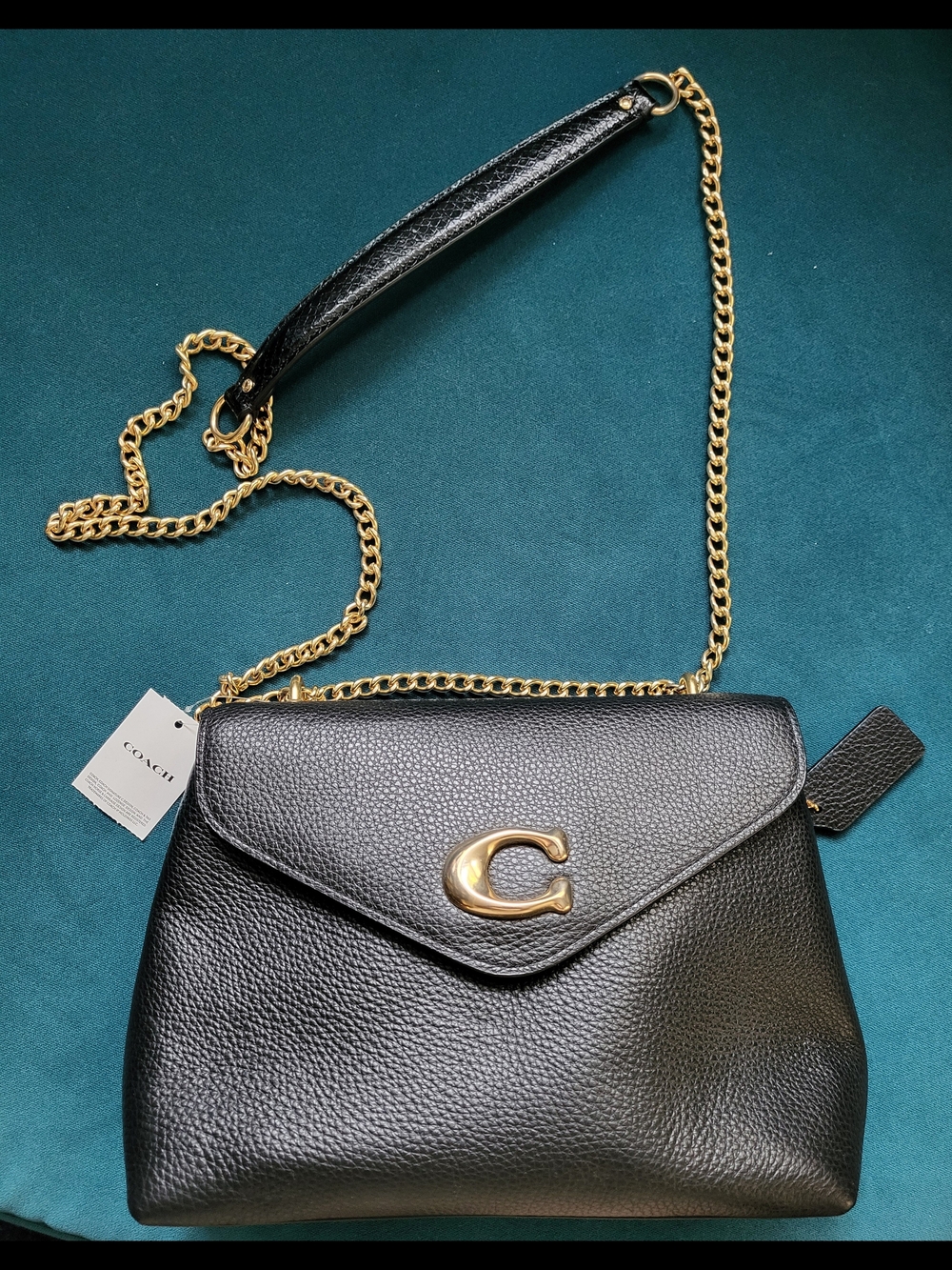 Coach Black Leather C Shoulder Bag with Gold Chain